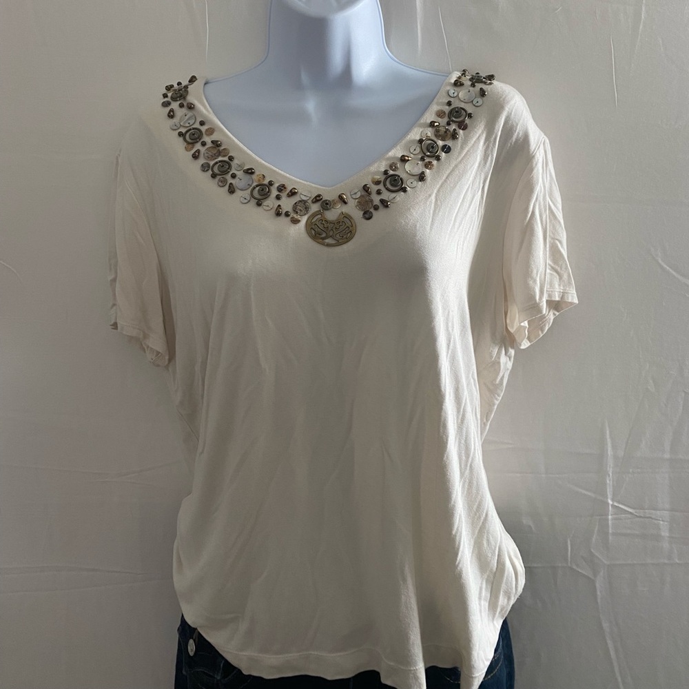 Chico’s Loose Soft Cream Embellished Short Sleeve Tee, size 2